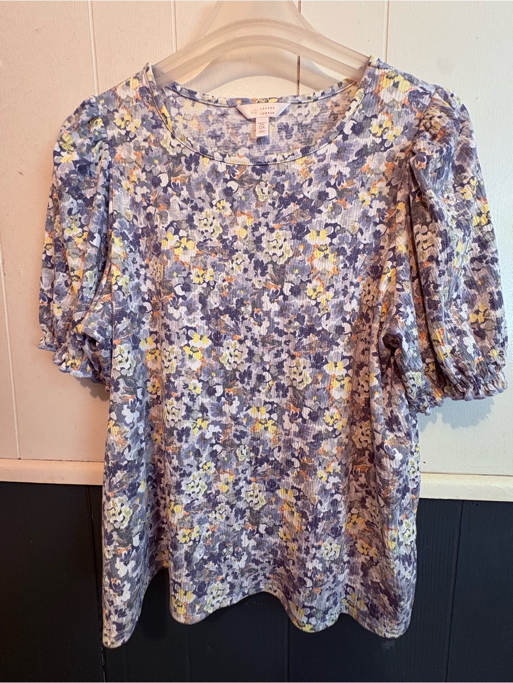 LC Lauren Conrad Lavender and Yellow Floral Puff-Sleeve Top